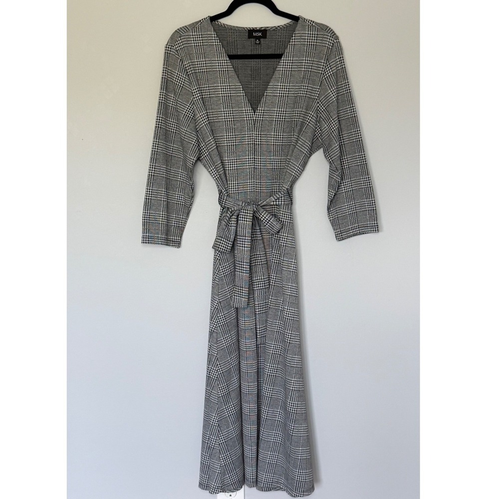 MSK Womens XL Black White Glen Plaid V-Neck Long Sleeve Tie Waist Maxi Dress